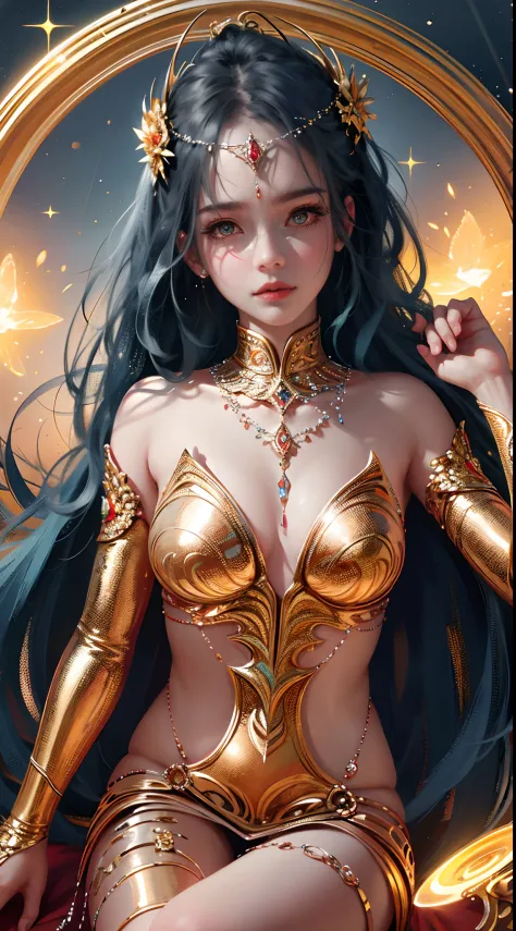 ((Best quality)), ((Masterpiece)), ((Realistic)), Portrait 1 girl, Celestial, deity, Goddess, Light particles, Halo, view the viewer,Firm eyes on bare shoulders, (Bio-luminescence:0.95) Ocean, Bio-luminescence, Goddess dress, vibrant, Colourful, Color, (Gl...