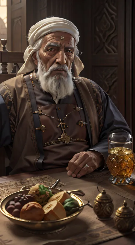 old Arab man, medieval Arab, palace, gold, lighting, bottle and glass of drink on the table full of food, realistic, detailed,