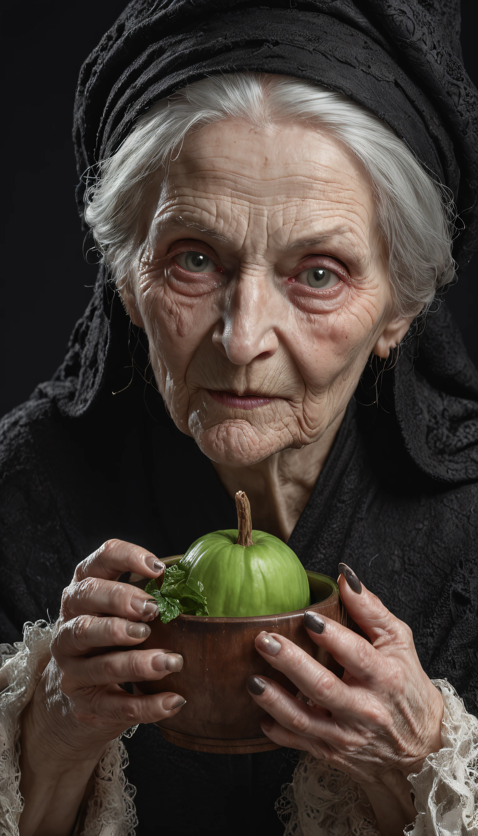 ( 8K, awardwinning, Best Quality), High Definition, Super Detail, high detailing, Anatomically correct, Perfect illustration, (masutepiece: 1.3), (Witch of the Poisoned Apple:1.8), (Bring the green liquid to a boil in a large saucepan:1.1),black robes, Triangle has, long snout, White face,Wrinkled, Plot something、Detailed hand、Detailed finger、(old women:1.8)、Using rats