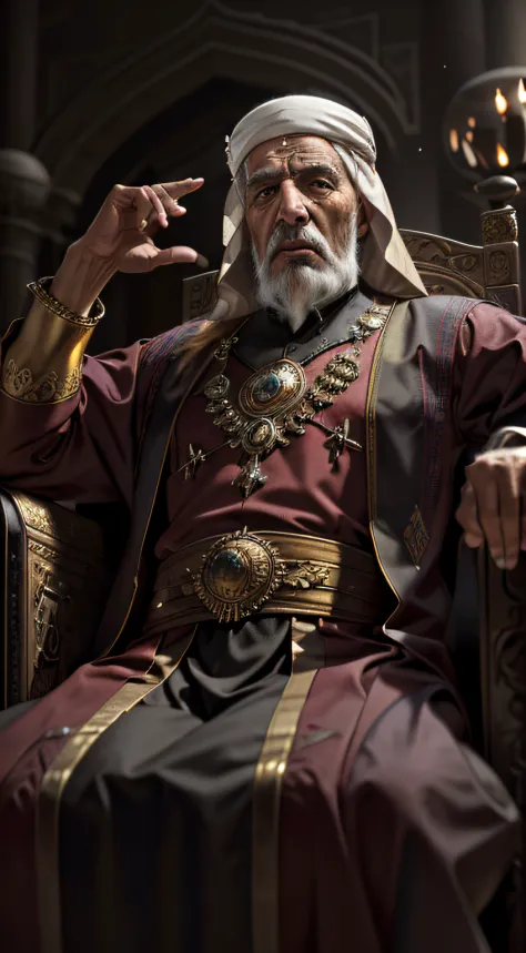 magnificent throne, old Arab man sitting on a throne, medieval Arab, palace, gold, lighting, realistic, detailed,