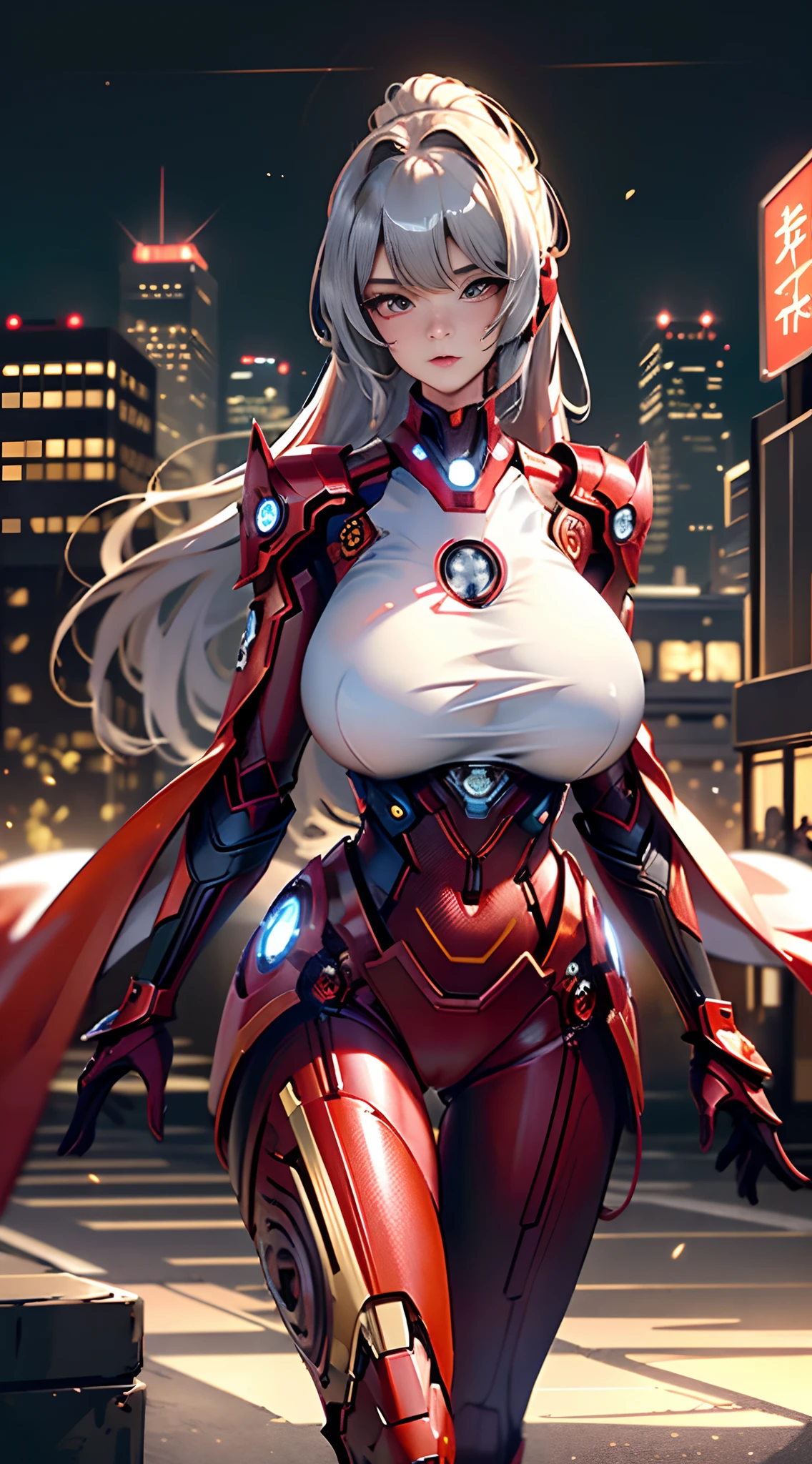 8K，realisticlying，Glamorous，The is very detailed，A 20-year-old girl,(((huge tit))),(((ridiculously huge breasts))),a sexy and charming woman,(((huge tit))), (((ridiculously huge breasts))),inspired by Iron Man，(((huge tit))),(((ridiculously huge breasts))),Wearing a shiny Iron Man mech。She dresses to show sexiness and confidence，It perfectly interprets the power and charm of Iron Man。Abandoned warehouse as background，It creates a unique atmosphere，Highlight her bravery and perseverance。Buildings、Small building on the street，Exudes cyberpunk charm，The glow of neon lights outlines the city，It brings out the great power and personality of Iron Man。This one is high definition、High-quality images will give you a stunning visual enjoyment，Will be sexy、Futuristic and sci-fi elements are a perfect combination。oc rendered，dramatic lights，Award-winning quality,(((huge tit))),(((ridiculously huge breasts))),