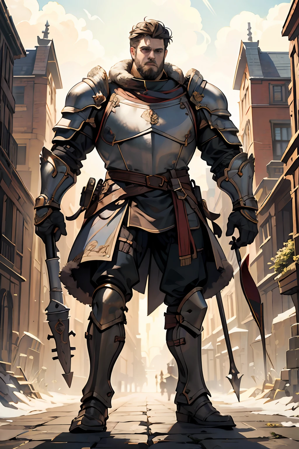 Game character standing drawing design，Disney animation，style of disney animation，an heavyknight，Quaint and heavy armor，Fur shoulders，Stout limbuscle explosions，Equipped with huge riding guns，Different layers overlay，Different angles，（Left view full body：1.4），solid color backdrop，clean backdrop，depth of fields，high light，Real light，Ray traching，OC renderer，UE5 renderer，Hyper-realistic，best qualtiy，8K，Works of masters，super-fine，Detailed pubic hair，Correct anatomy，