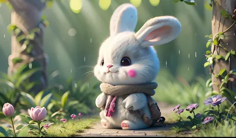Cute Bunny, smiley, Pixar, furry art, Anime, White background, Character, outfit、Background in the forest、Gentle awns rain down、