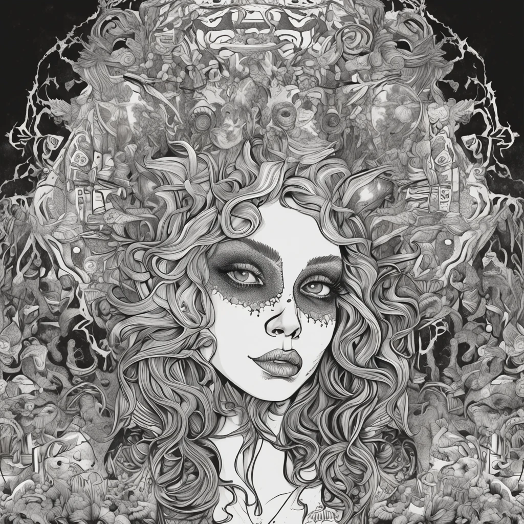 The centering trait of the white-haired female zombie, It's scary，Shabby clothing, Black and white, zentangle (Best quality) Ultra-detailed, Fine line drawing, fine line art, Picture book illustration style, Intricate linework, Highly detailed illustration, Perfectcomposition, Beautiful and stunning, Dynamic Angle, High contrast, Incredible shadows, Incredible detail, Unique style, Black and white details, (Dark and mysterious atmosphere), Complex and detailed natural elements.Central symmetry，The outer stripe is symmetrical in the center