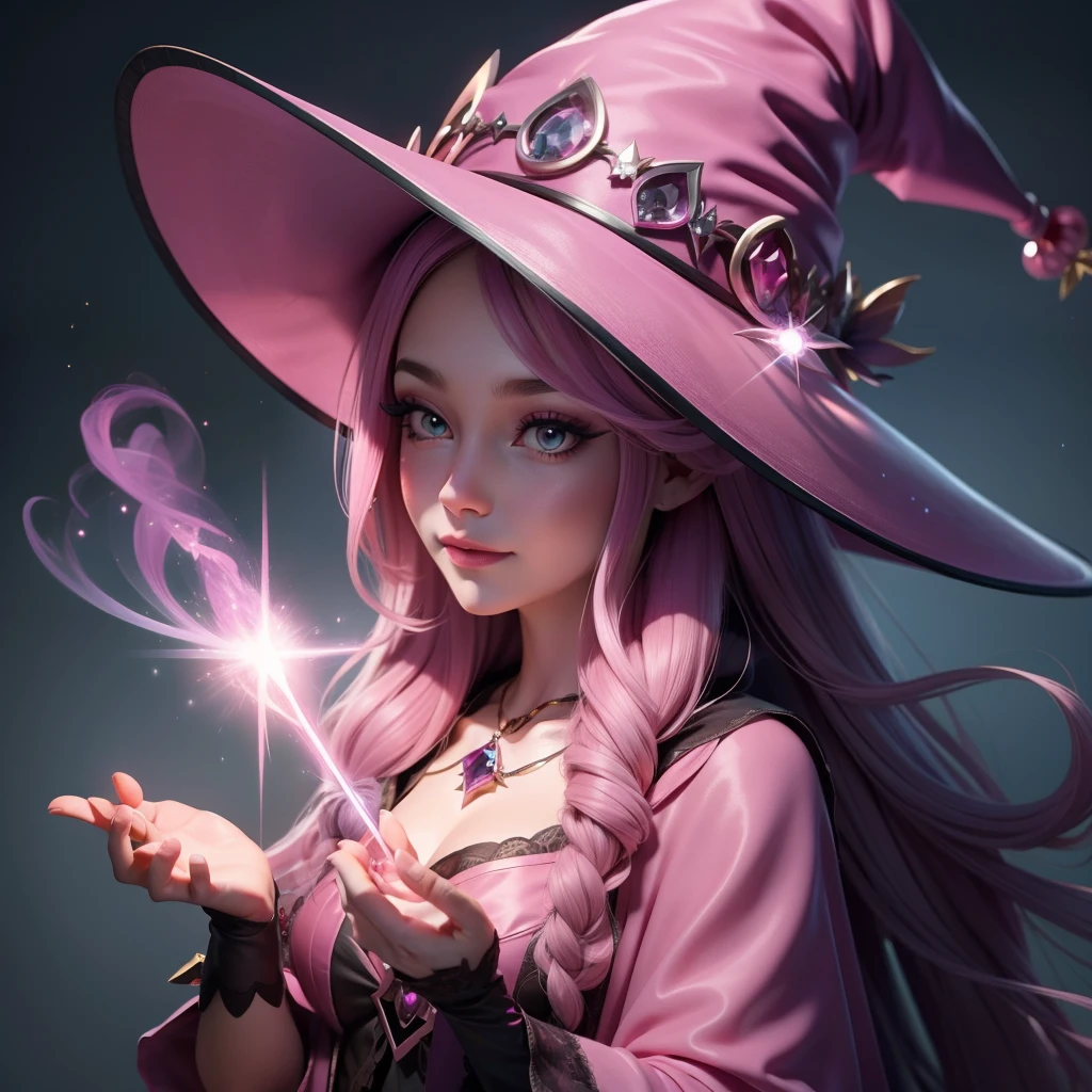 A beautiful witch 🧹 wearing a pink witch hat, making spells, sparkling pictures, sparkling simple make up, with long hair,