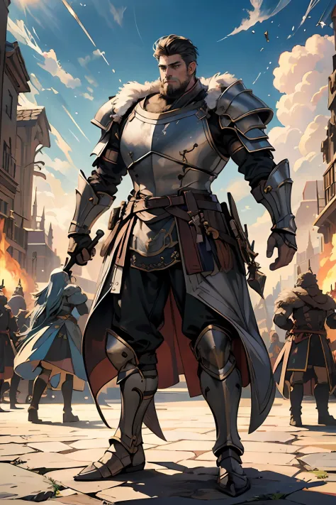 Game character standing drawing design，Disney animation，style of disney animation，an heavyknight，Quaint and heavy armor，Fur shoulders，Stout limbs，Muscle explosions，Equipped with huge riding guns，Different layers overlay，Different angles，（Left view full bod...