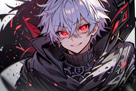 hight resolution,Anime boy with white hair and red eyes stares at camera, Glowing red eyes,slim, dressed in a black outfit,Shado...