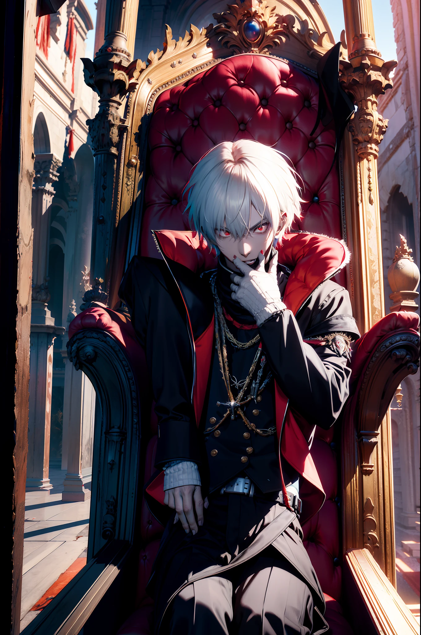 A white-haired, red-eyed prince sits on a majestic throne inside an abandoned palace. The environment around him is dark and gloomy, with evil red eyes in the walls and cobwebs hanging there. The throne is ornate, with details in gold and precious stones, and is covered by a dusty cloth. The protagonist is wearing royal clothing, with a kaneki expression on his face, as he stares at the horizon with glowing red eyes, masterpiece, best quality, ultra-detailed, illustration, 8k resolution concept art, fantasy art, epic art, concept art wallpaper 4k, deep color, natural lighting