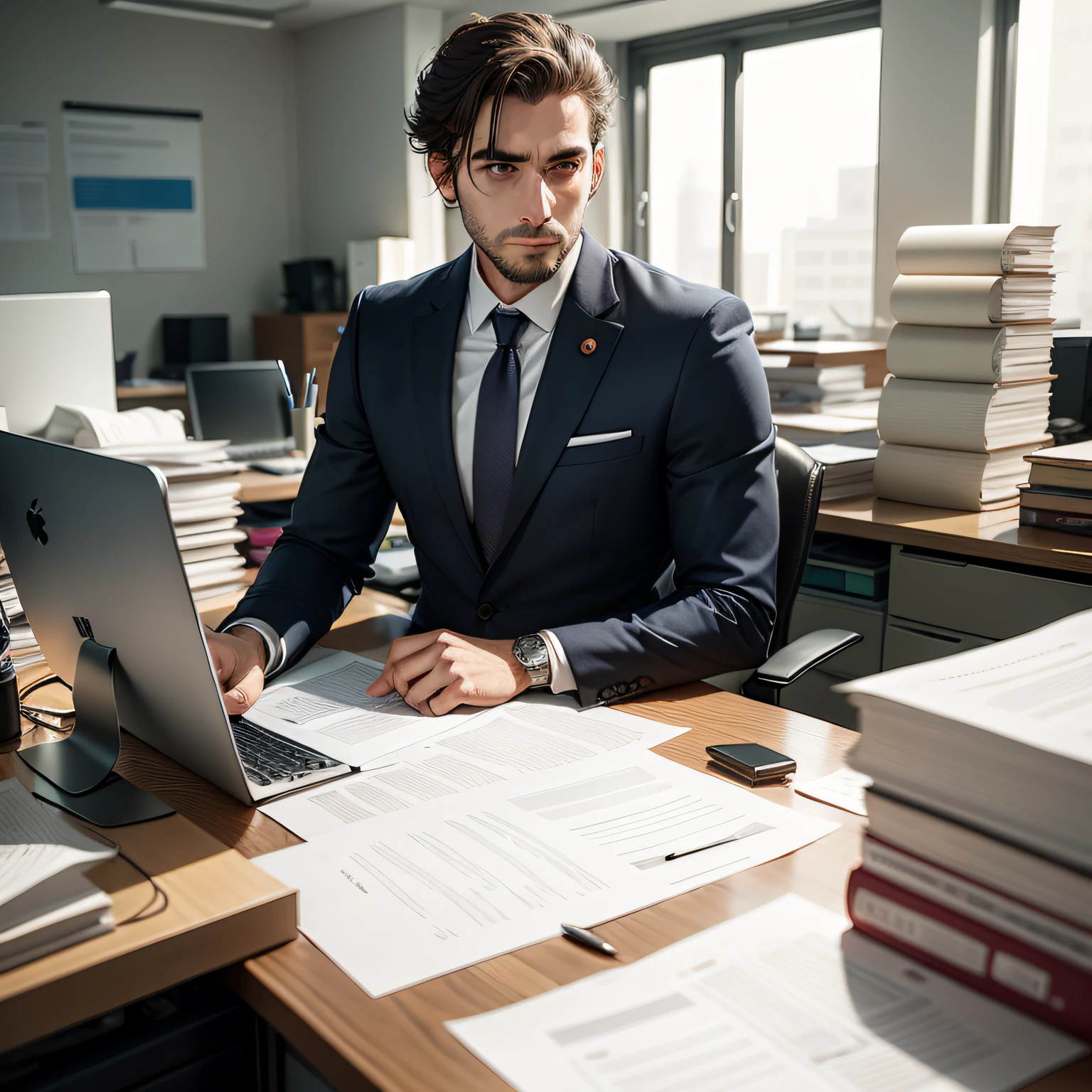 man in business clothes in messy office, in front of a desk full of papers