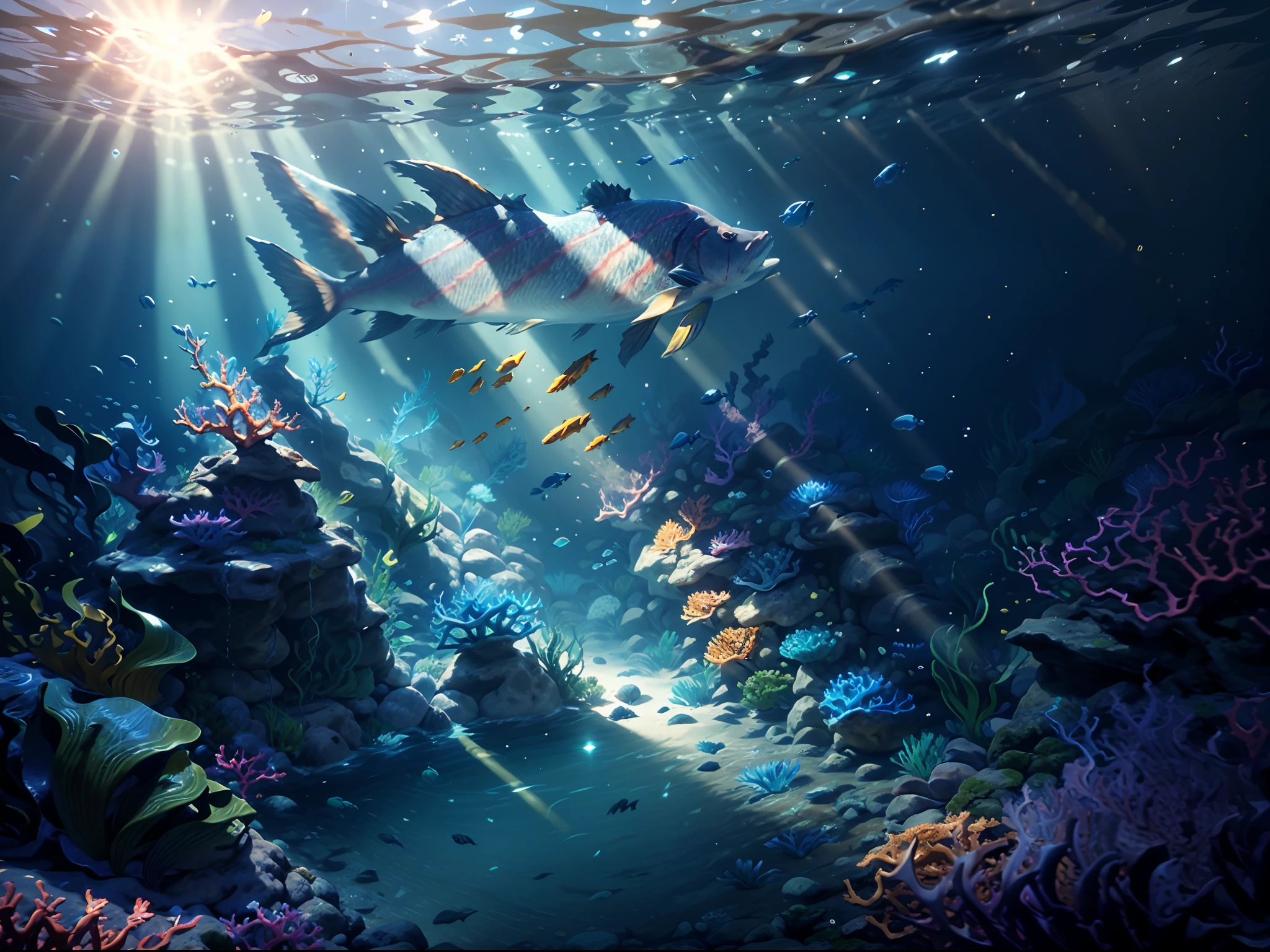 an underwater game scene with fishes and corals, sun shine through the water create an serene feeling, unreal engine five, game style, best quality, masterpiece