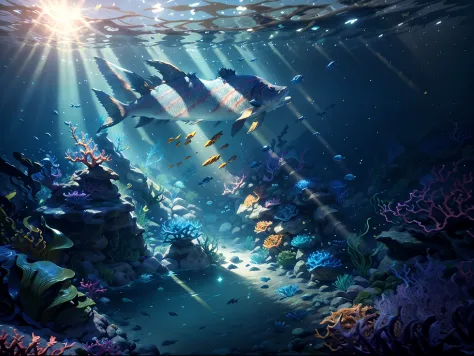 an underwater game scene with fishes and corals, sun shine through the water create an serene feeling, unreal engine five, game ...