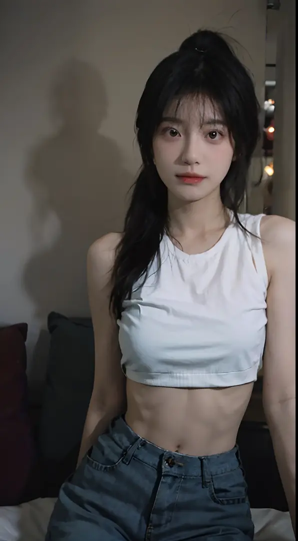 Woman wearing sweaty sports bra、(((flat chest)))、short-hair