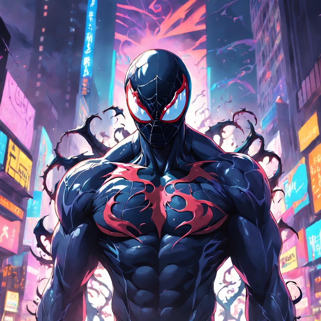 An artful rendering of venom in a cool suit and sunglasses, with a ...