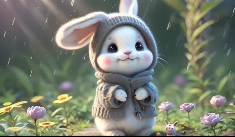 Cute Bunny, smiley, Pixar, furry art, Anime, White background, Character, outfit、Background in the forest、Gentle awns rain down、