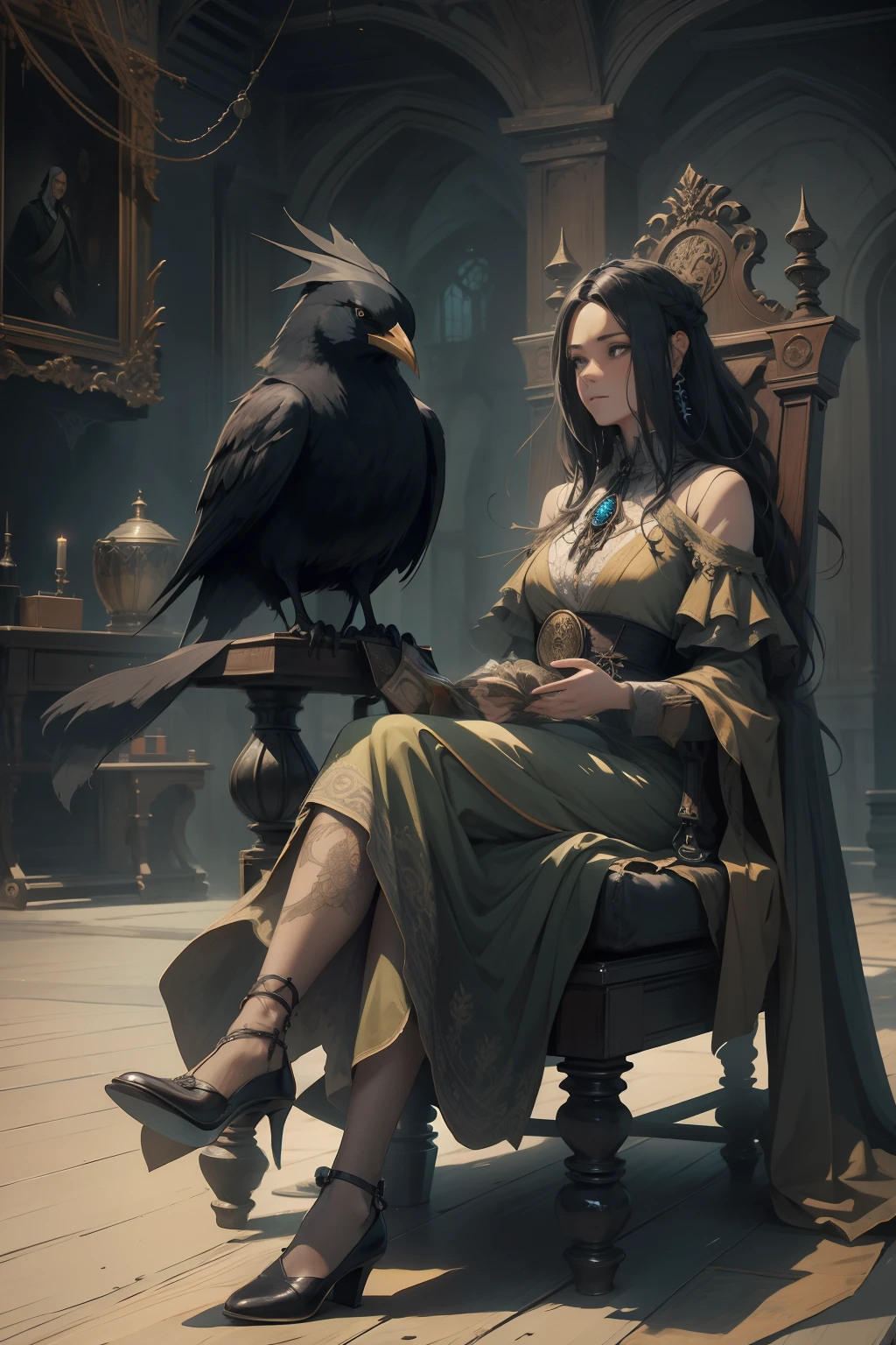 An old witch sits in a Kadilau chair in the background，She was holding a Soniste crow ，gloomy castle，solid color backdrop，clean backdrop，depth of fields，high light，Real light，Ray traching，OC renderer，UE5 renderer，Hyper-realistic，best qualtiy，8K，Works of masters，super-fine，Detailed pubic hair，Correct anatomy，