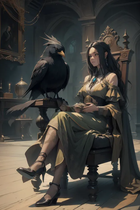 An old witch sits in a Kadilau chair in the background，She was holding a Soniste crow ，gloomy castle，solid color backdrop，clean ...