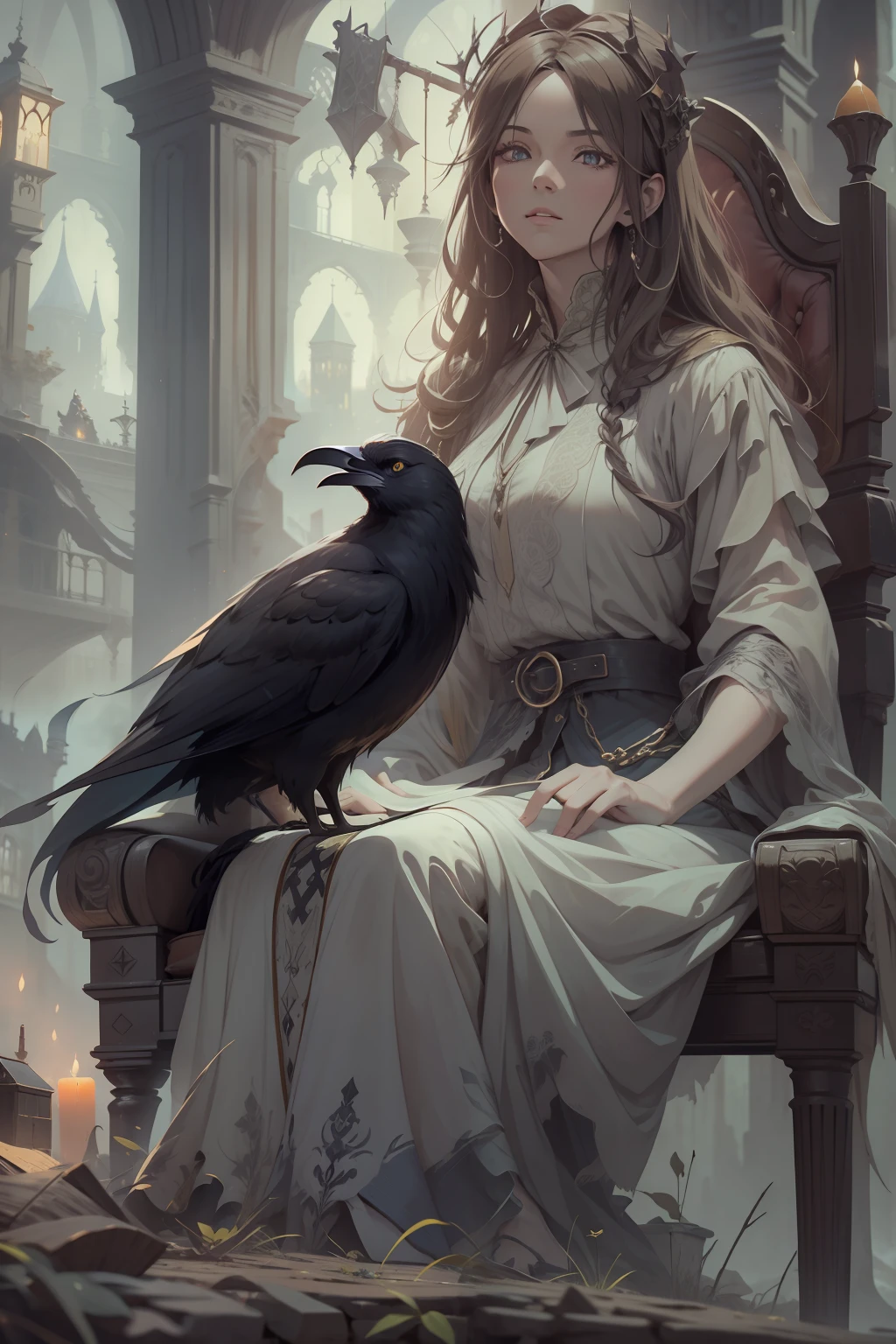 An old witch sits in a Kadilau chair in the background，She was holding a Soniste crow ，gloomy castle，solid color backdrop，clean backdrop，depth of fields，high light，Real light，Ray traching，OC renderer，UE5 renderer，Hyper-realistic，best qualtiy，8K，Works of masters，super-fine，Detailed pubic hair，Correct anatomy，