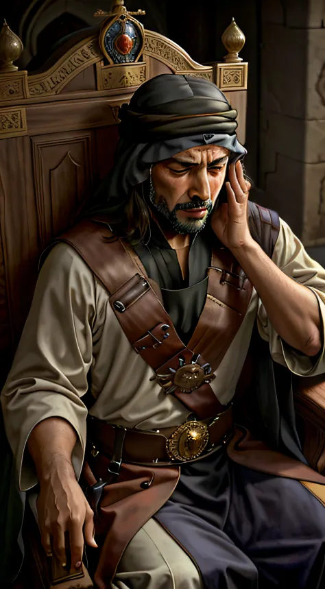 solo, 1 man, mourn, medieval Arab king crying on a throne, hand closing his eyes, tears drop, dim lighting, realistic, detailed,