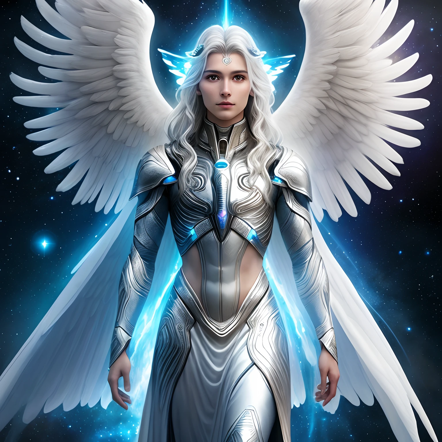 Alien appearance humans, angelic, selestial, full body, beautiful, spiritual being, benevolent, with an aura on the head, sorindo, with radiant energy, archangel miguel style, galactic confederation, high quality, ultra-realistic, professional photography, human,