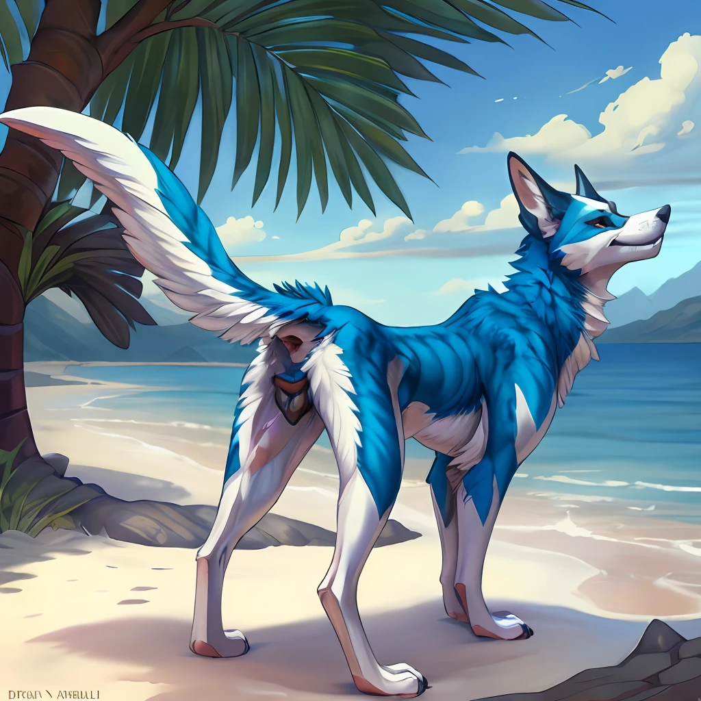 A close up of a dog on a beach near a palm tree - SeaArt AI