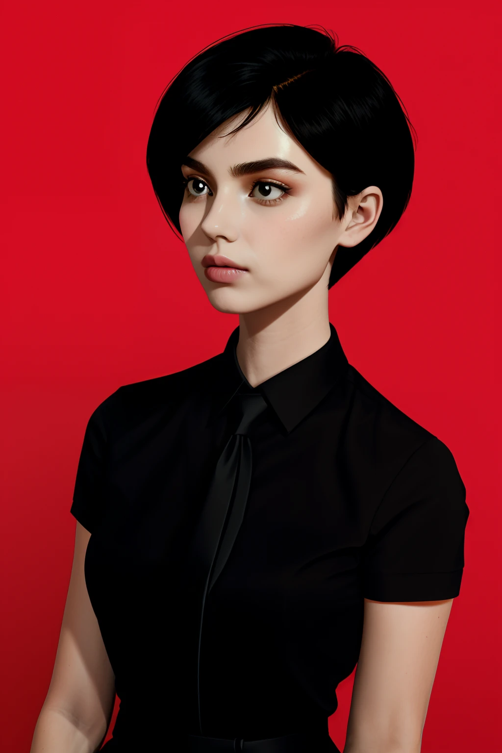 una 1 chica, cuerpo completo, muy detalle, MUCHOS DETALLES, muy extremadamente hermoso,  ((obra maestra, minimalism)), (Pelo Corto), corbata negra, camisa roja, colores brillantes, mira a lo lejos,