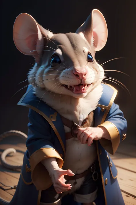 Rat holding a large white tooth, super cute, realistic, Wearing a blue velvet coat, ultra realistic, 4K, super detailed, vray rendering, El Raton the tooth mouse