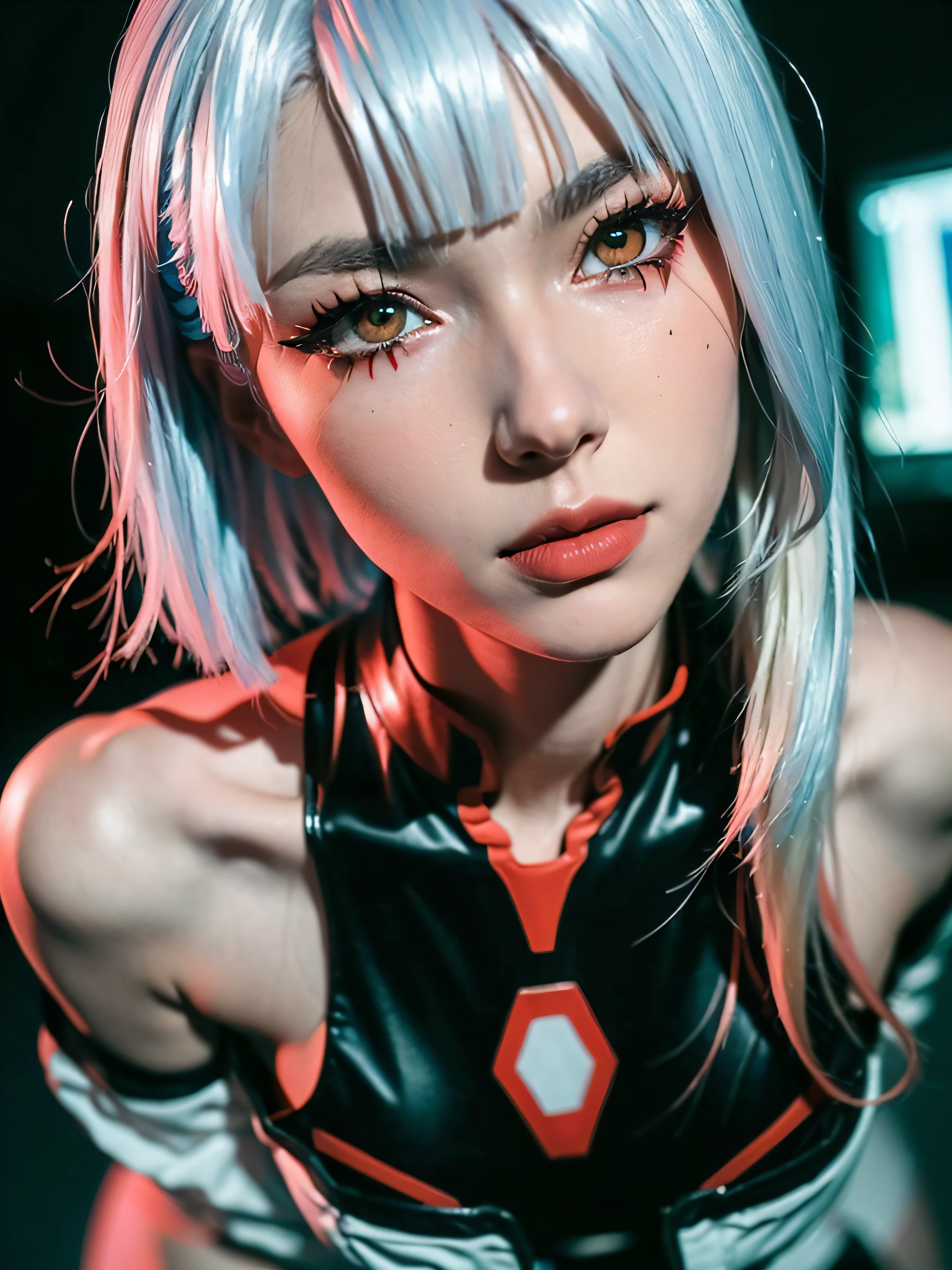 ((Masterpiece, high resolution:1.4), lucy_cyberpunk, (futuristic city at night, neon lights:1), (close up:1.2), (1girl), white short hair, bangs, ((red eyeliner)), ((makeup)), red lips, white off-shouler jacket, black bodysuit, bare shoulders, white shorts, hip vent, black thighhighs, highly detailed skin, skin pores, (highly detailed face:1.5), (highly detailed eyes:1.5), realistic pupils:1.5, full face blush, full lips, (perfect anatomy:1.1), (perfect proportions:1.1), (photography:1.1), (photorealistic:1.1), volumetric lighting, dynamic lighting, real shadows, (highres:1.1), sharp focus, (realistic, hyperrealistic:1.4), intricate, high detail, dramatic, subsurface scattering, big depth of field, vivid, polished, sharpened, ((full Sharp)), (extremely absurdres),16k hdr,