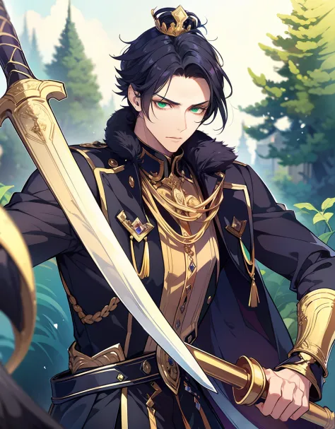 a young man in a regal and powerful pose. The character stands amidst swirling ashes, exuding an aura of strength and authority. With a crown atop his head, he radiates the confidence of a true king. In one hand, he grips a gleaming sword, a symbol of his ...