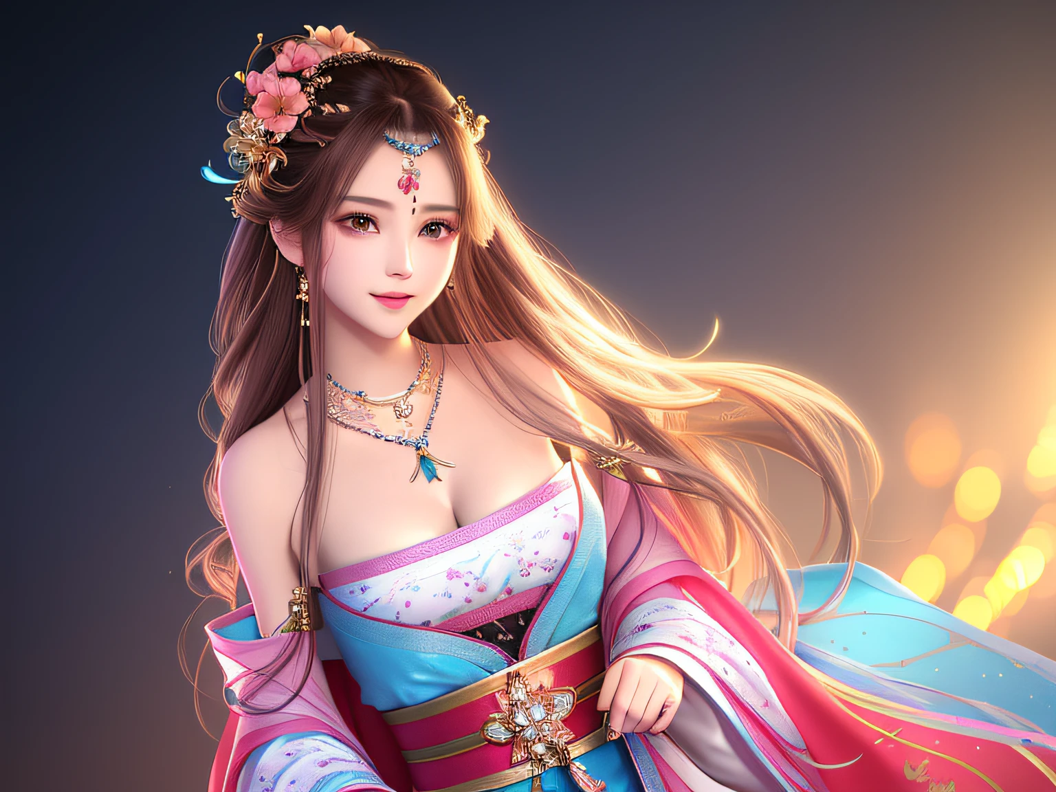 Need,tmasterpiece,A high resolution,1girl,Blushlush,(Seductive smile:0.8),starpupil,Chinese Hanfu,hair adornments,choker necklace,jewelry,beautfully face,a baby face,on_body,dingdall effect,realisticlying,Shadow Room,light edge,Two-tone lighting，（highdetailskin：1.2），8k uhd，Slr，softlighting，high high quality，Volumetriclighting，sneak shot，photore，A high resolution，4k，8k，Background bokeh