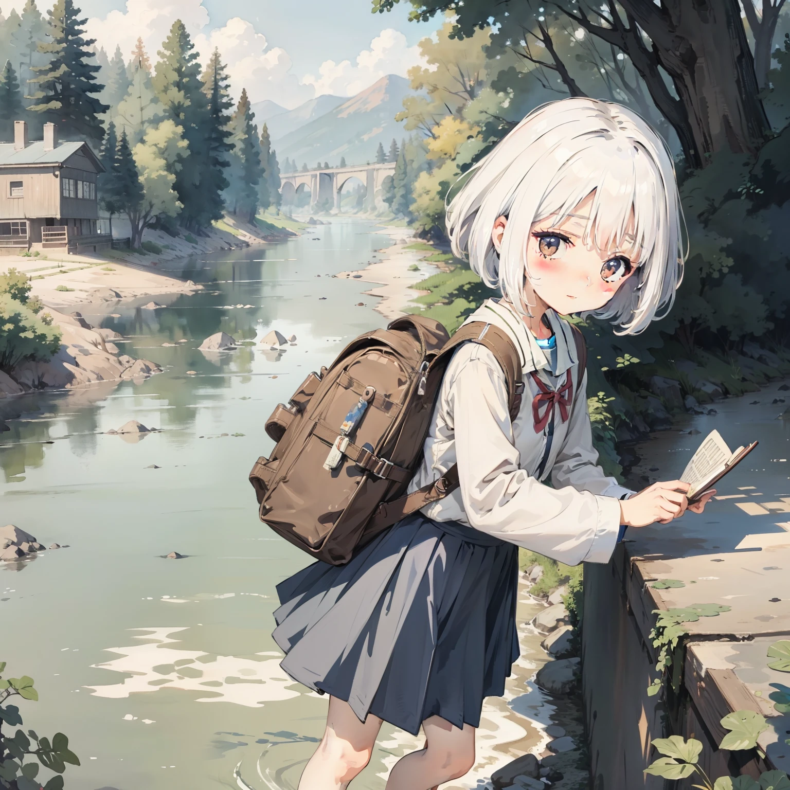 Watercolor illustration, Perfect anatomy, Masterpiece, Best quality, 1girll, Loli,elementary student， Solo, (with short white hair:1.2), Elementary School Uniform, bookbag，Nature, during night,  stands aside the river, landscape