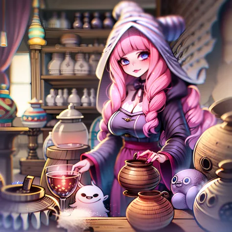 （Witch with pink curly twin tails, Pointed hat and hood, About 22 years old, She makes potions in pots with alchemy, （Cute ghost...