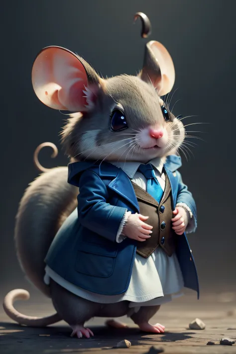 Rat holding a large white tooth, super cute, realistic, Wearing a blue velvet coat, ultra realistic, 4K, super detailed, vray rendering, El Raton the tooth mouse, holding a large plastic tooth