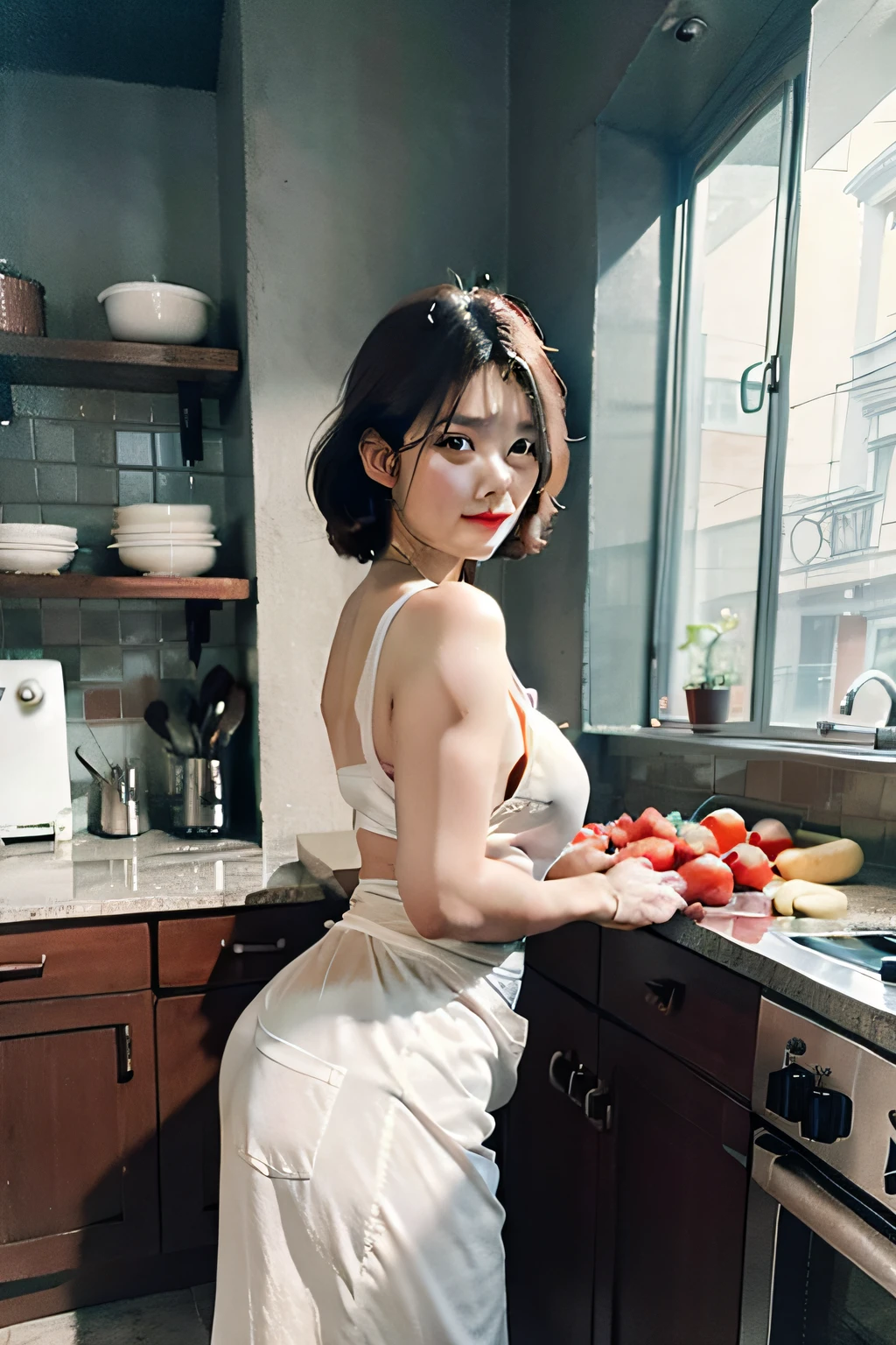 Araffe woman in white dress sitting on counter in kitchen with tomatoes -  SeaArt AI