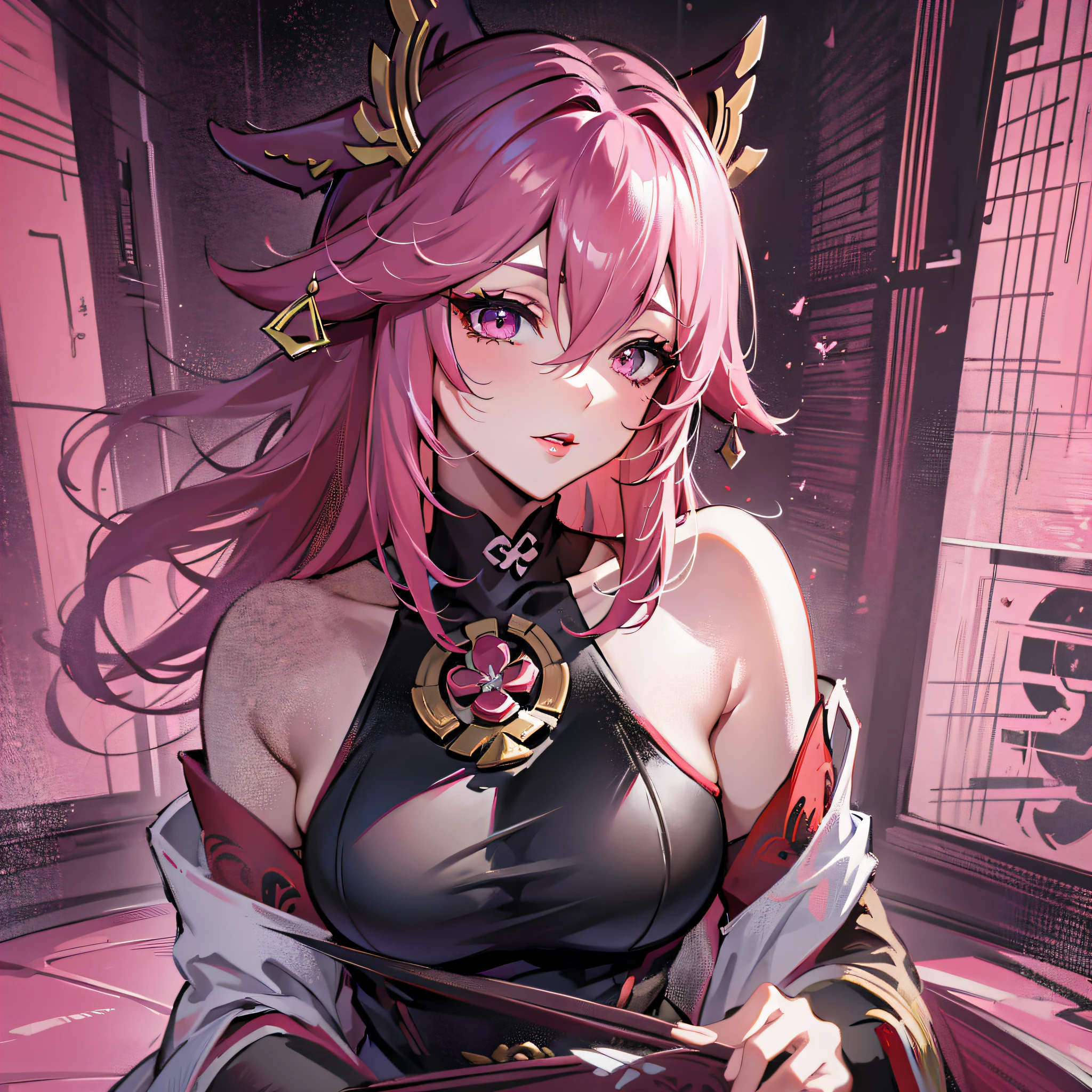 Anime girl with pink hair and a black top holding a purse - SeaArt AI