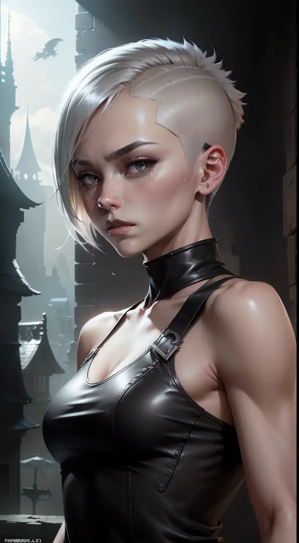 ((angle of view)), 1人, Adult, Slim abs: 1.1, hitman, Standing still, ((Solo)), (Forehead), (buzzcut + Top cut), short length bangs, hair between eye, Short fluffy hair, Silver hair, Serious, Silver eyes, (((black sleeveless top)), (1人), Wide trapeze, bare ...
