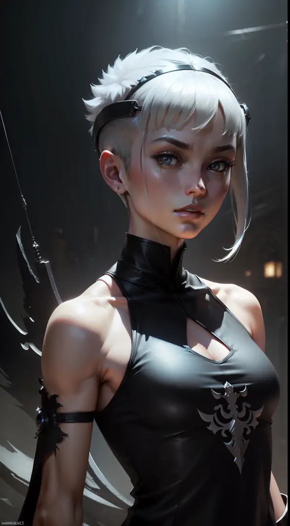 ((angle of view)), 1人, Adult, Slim abs: 1.1, hitman, Standing still, ((Solo)), (Forehead), (buzzcut + Top cut), short length bangs, hair between eye, Short fluffy hair, Silver hair, Serious, Silver eyes, (((black sleeveless top)), (1人), Wide trapeze, bare ...