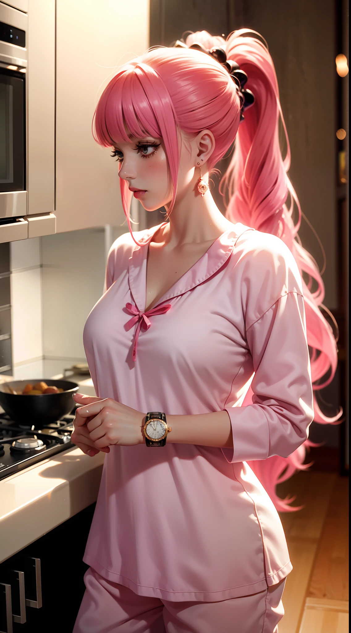 blush from anime one piece, long hair, pink hair, bangs, ponytail, wears mascara, ponytail, perfect body, perfect boobs, beautiful woman, very beautiful, wearing white sleep pajamas, nightgown, pajamas, wears a watch wearing earrings, in the kitchen, dry kitchen, Realism, masterpiece, textured skin, super detailed, high detail, high quality, best quality, 1080P, HD, 16k