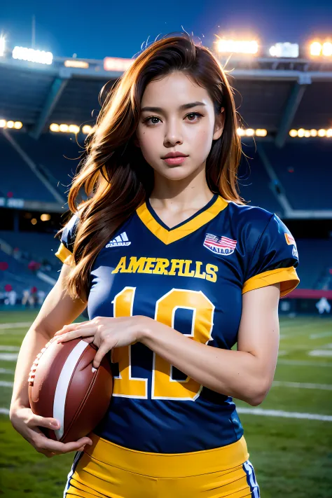 a woman playing american football, (wearing football_uniform:1.3), 
good hand,4k, high-res, masterpiece, best quality, head:1.3,...