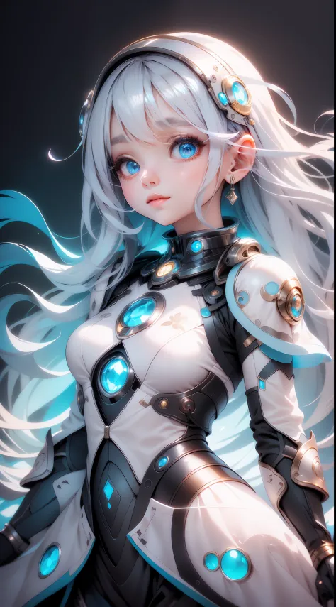 1girll, Solo, Super fine illustration, An extremely delicate and beautiful, Best quality, Silver hair, Blue eyes, Cute, Lovely, elegant, moon surface, Moonlight, Dazzling, Shining, Radiant, Sparkling, magical, Dreamy, Enchanting, Ethereal, mistic, Otherwor...