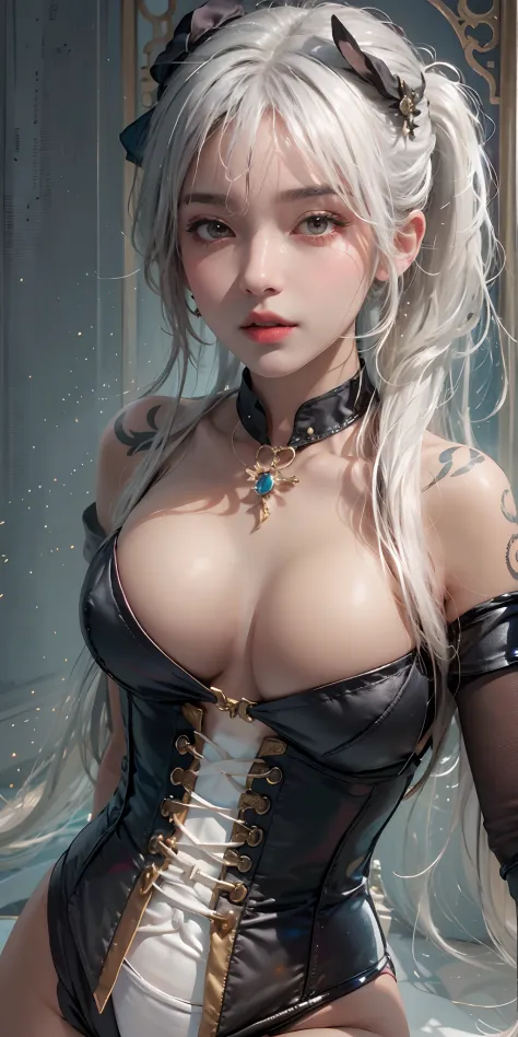 photorealistic, high resolution, soft light,1women, solo, hips up, shining skin, (detailed face), strapless leotard, pantyhose, rabbit ears, folded ponytail, white hair, necktie, wrist cuffs (wearing a satin corset and thigh highs), jewelry, tattoo