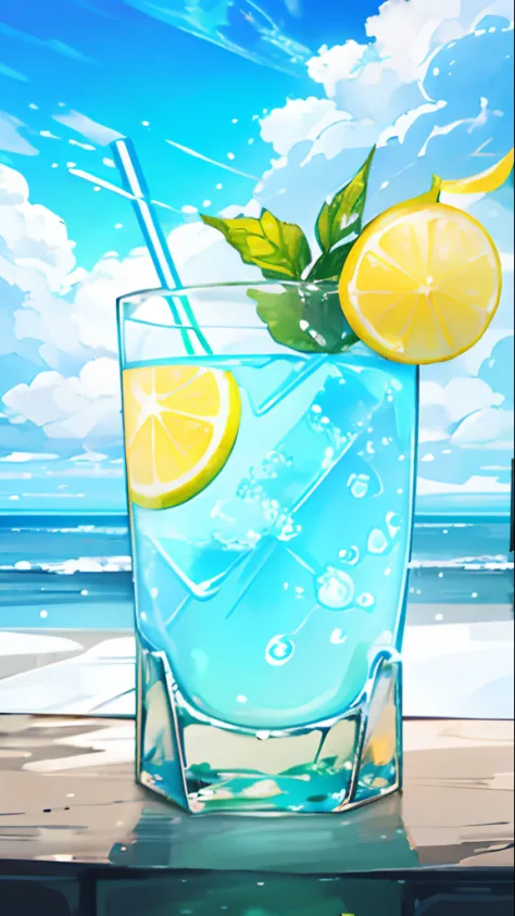 No Man, Lemonmint Drink, Yellow to Blue, Cool, Colored Straws, Ice Cubes, Green Leaves, Outdoor, Clear Blue Sky, Beautiful Clouds