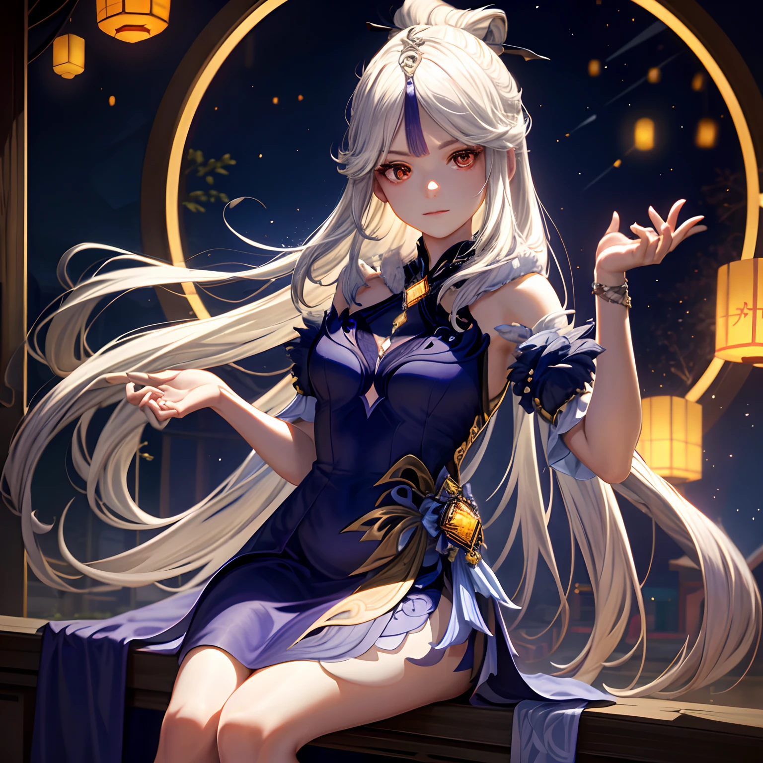 (masterpiece, best quality:1.2) ,(best illumination, best shadow, an extremely delicate and beautiful), floating, high saturation, dynamic angle, ((1girl)), gorgeous, ningguang \(orchid's evening gown\) \(genshin impact\), white hair, red eyes, very long hair, hair ornament, bangs, face focus, sitting, beautiful view, hand in face, looking at viewer, sky, nighttime, lanterns floating, circular window, headshot, face focus, balcony