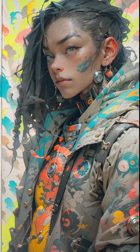 "1 cyborg with tattoos, dread hair in spring, puffer suit, vibrant and luminous colors, sharp and cinematic style, depth of fiel...