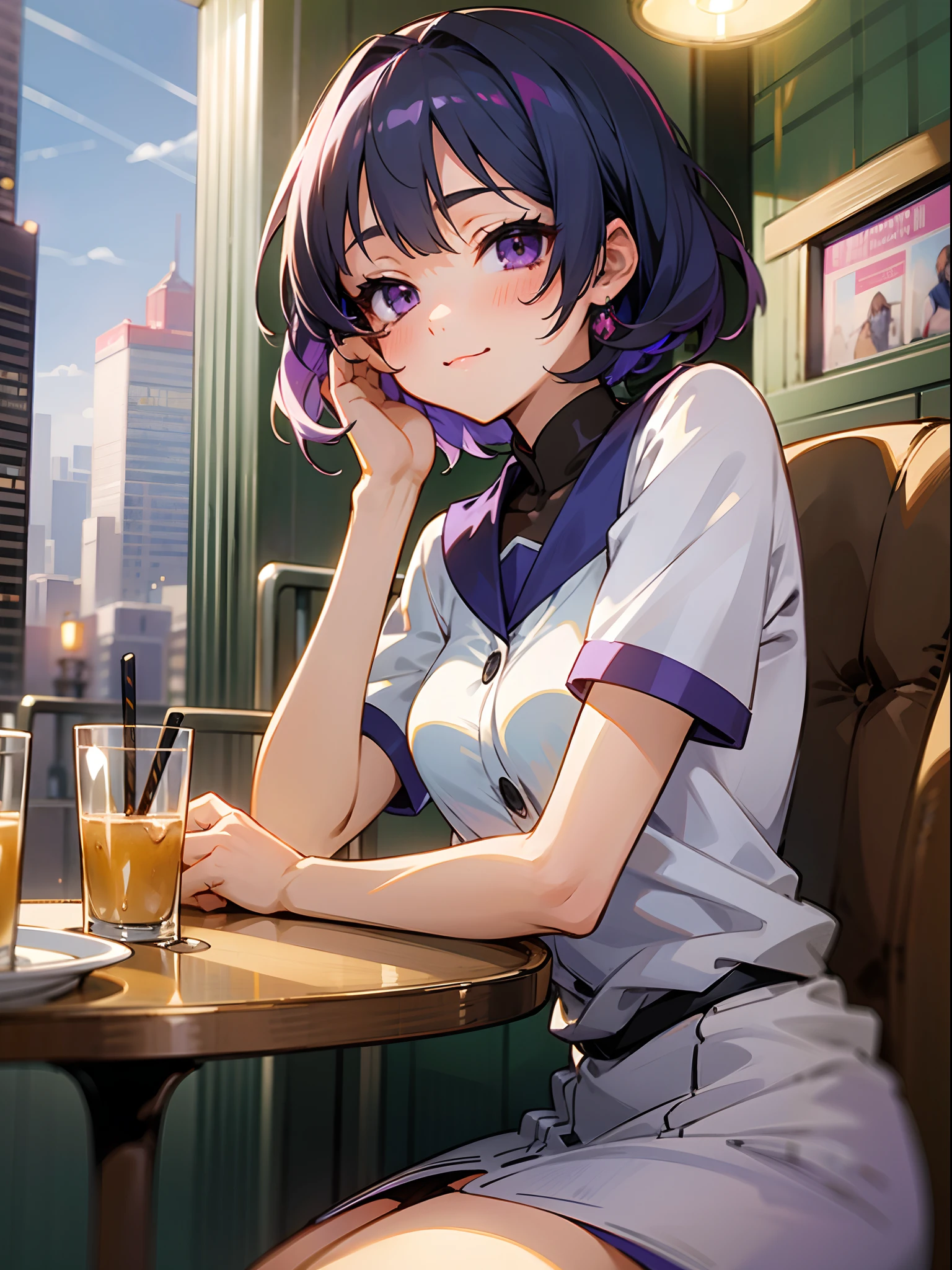 Anime girl with black short hairs, purple eyes, sitting on the chair, morning, city, restaurant, breakfast, blush, 4k, high quality, supersharp, masterpiece, beautiful woman, perfect body, perfect face, cute face,