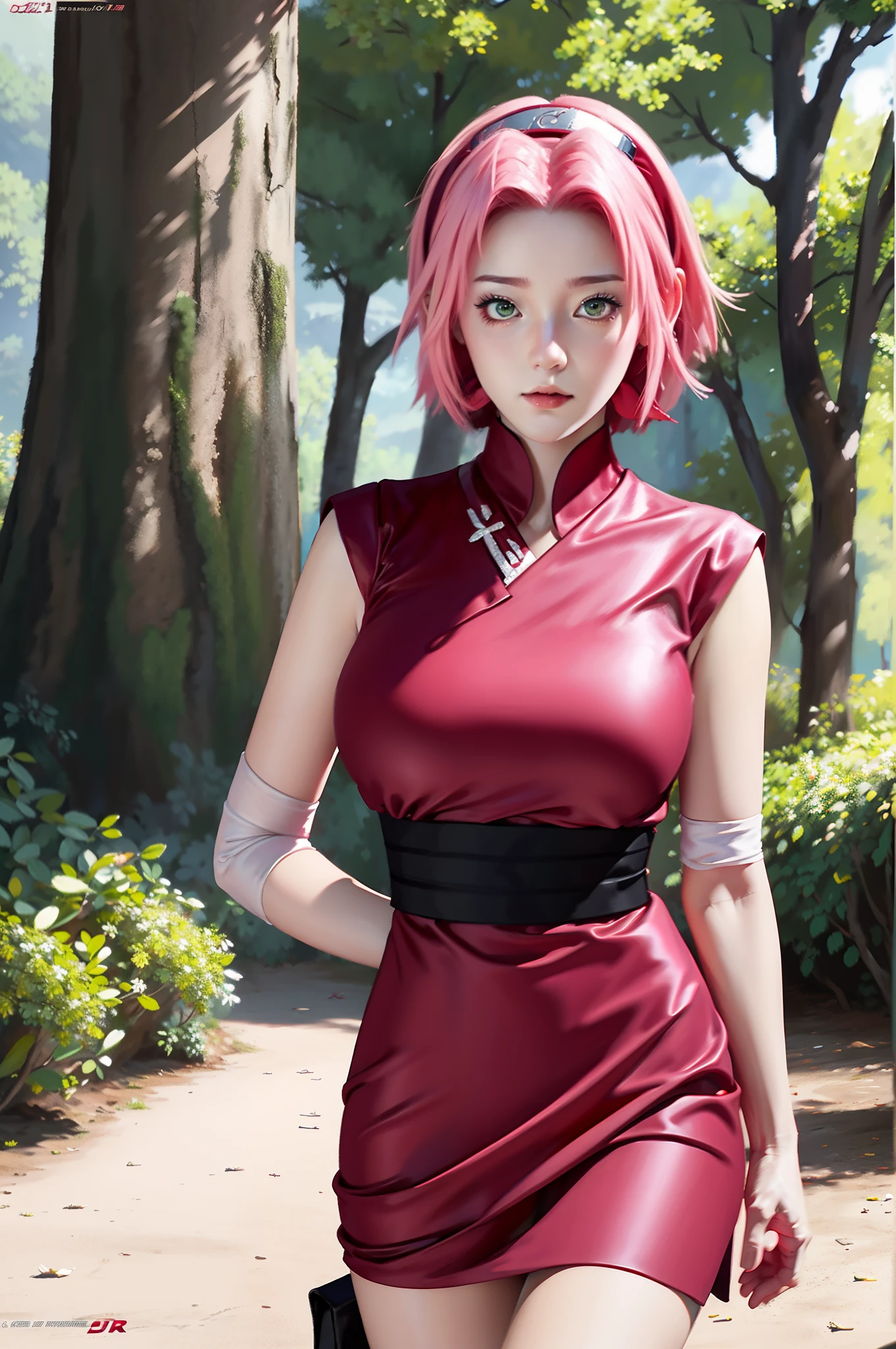 1 chica, haruno sakura in anime naruto, cabello corto, cabello rosado, ojos verdes, hermoso, ropa roja, pecho muy grande, Realista clothes, detalle de ropa, fondo al aire libre, ultra detalle, Realista