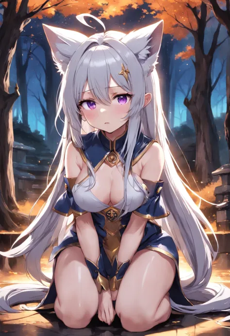 top-quality、(kawaii:1.1)、(cute little)、(hight resolution:1.2)、incredibly fine illustrations、Girl in priestess uniform with long silver hair fox ears was forced to have sex in a park at night、Fall down、Face contorted in fear and crying