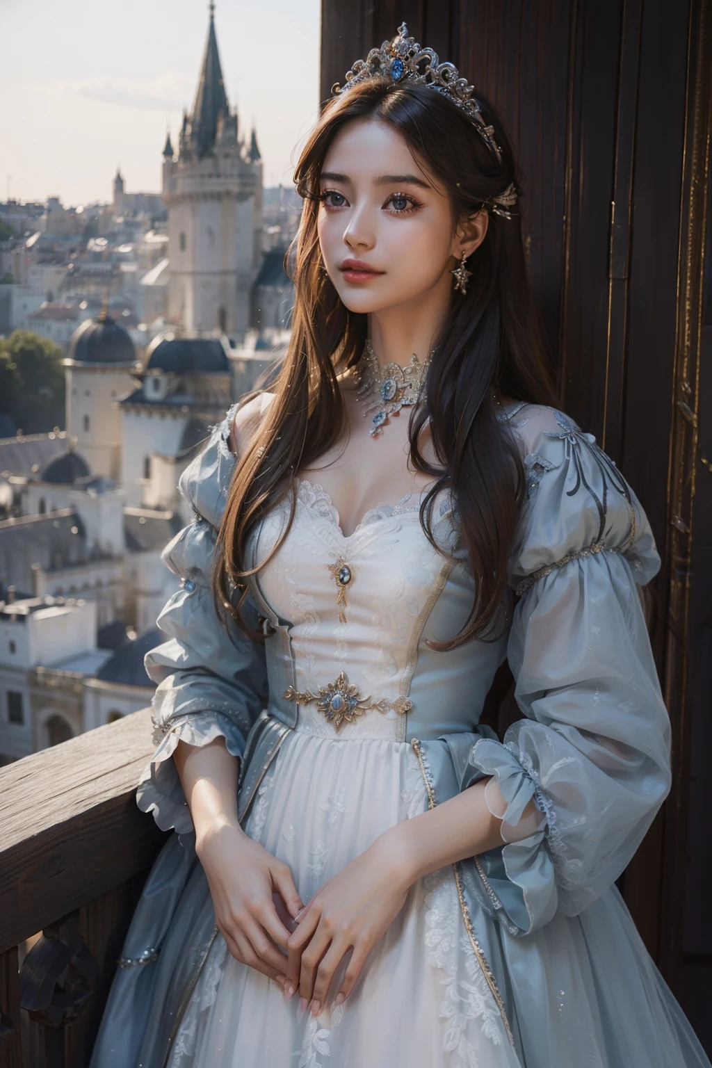 ((top-quality、​masterpiece、photographrealistic:1.4、8K))、1 beautiful detailed girl、extremely detailed eye and face、beatiful detailed eyes、（Luxury dresses in the style of medieval Europe、Princess）、Luxury Accessories、Elegant smile、（Draw a scene of a princess standing on the balcony of a castle where the sun rises。She stared into the distance、Hair swaying in the wind and dresses complement her noble vibe。）、Cinematic lighting、Textured skin、Super Detail、high detailing、High quality、hight resolution、（looking at the viewers）