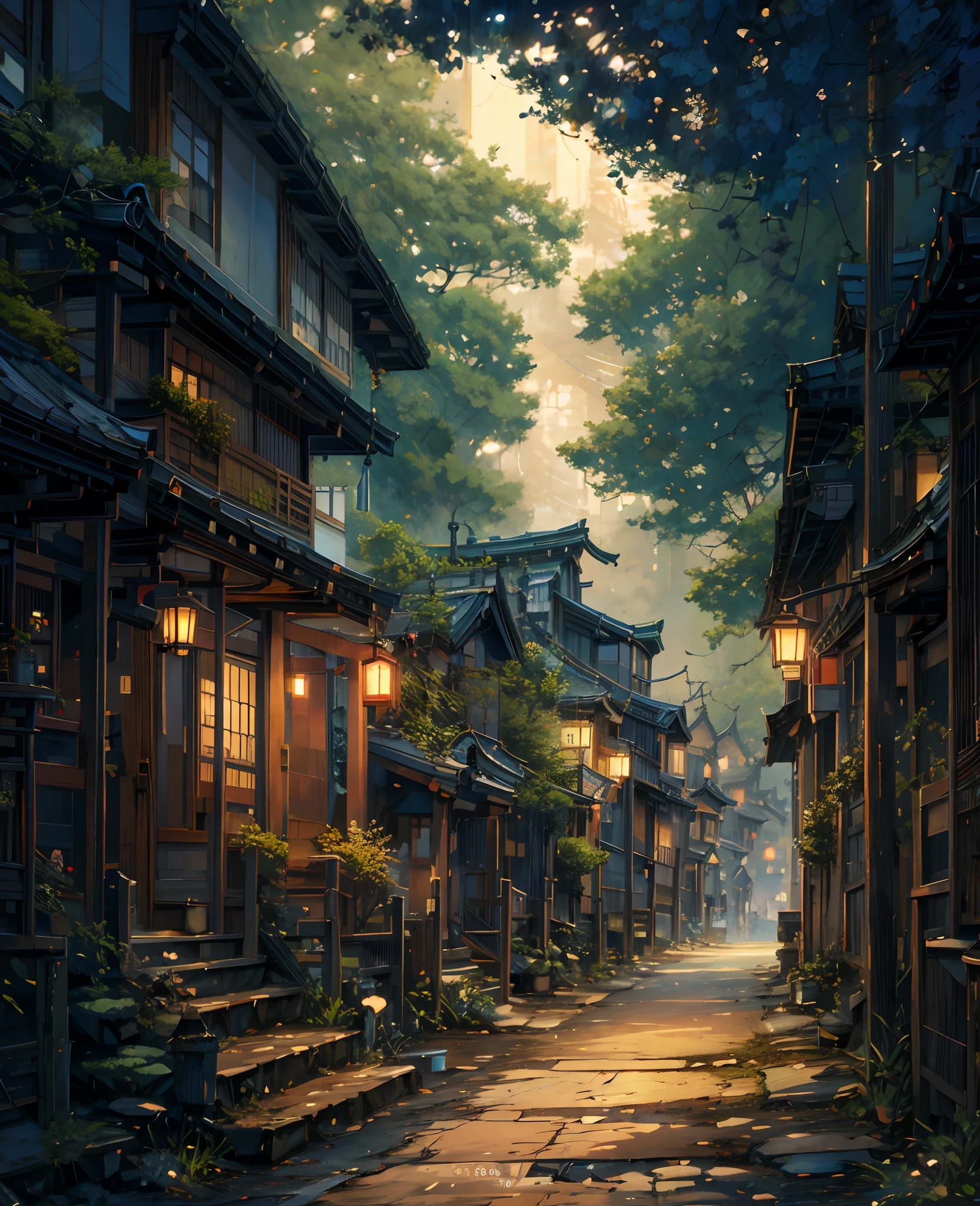 a painting of a street with a bicycle parked on the side of it, japanese street, andreas rocha style, forest city streets behind her, painted by andreas rocha, japanese town, the style of andreas rocha, anime background art, by Andreas Rocha, japanese village, inspired by Andreas Rocha, japanese city, japanese neighborhood, beautiful digital artwork