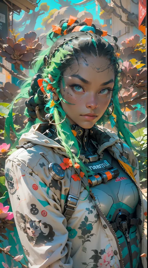 "1 cyborg with tattoos, dread hair in spring, puffer suit, vibrant and luminous colors, sharp and cinematic style, depth of fiel...
