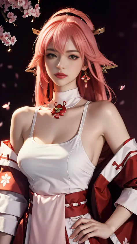 (Masterpiece, Excellent, 1girl, solo, complex details, color difference), realism, ((medium breath)), off-the-shoulders, big breasts, sexy, Yae Miko, long pink hair, red headdress, red highlight, hair above one eye, green eyes, earrings, sharp eyes, perfec...